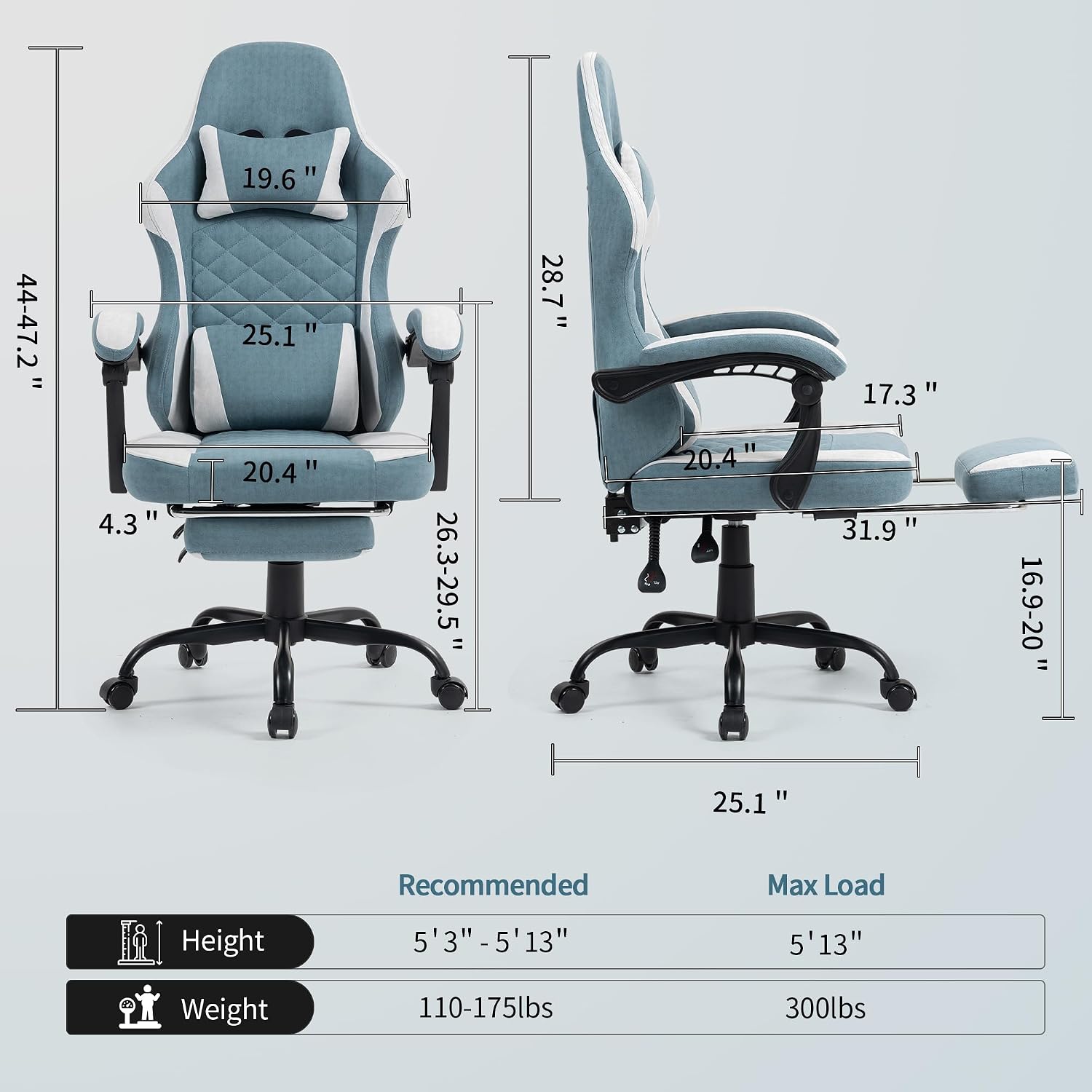 Gaming Chair with Footrest for Adults - Ergonomic Gaming Chairs with Foot Rest - Big and Tall Computer Game Chair - Fabric Reclining Video Game Chairs with Spring Cushion - Blue/Light Grey