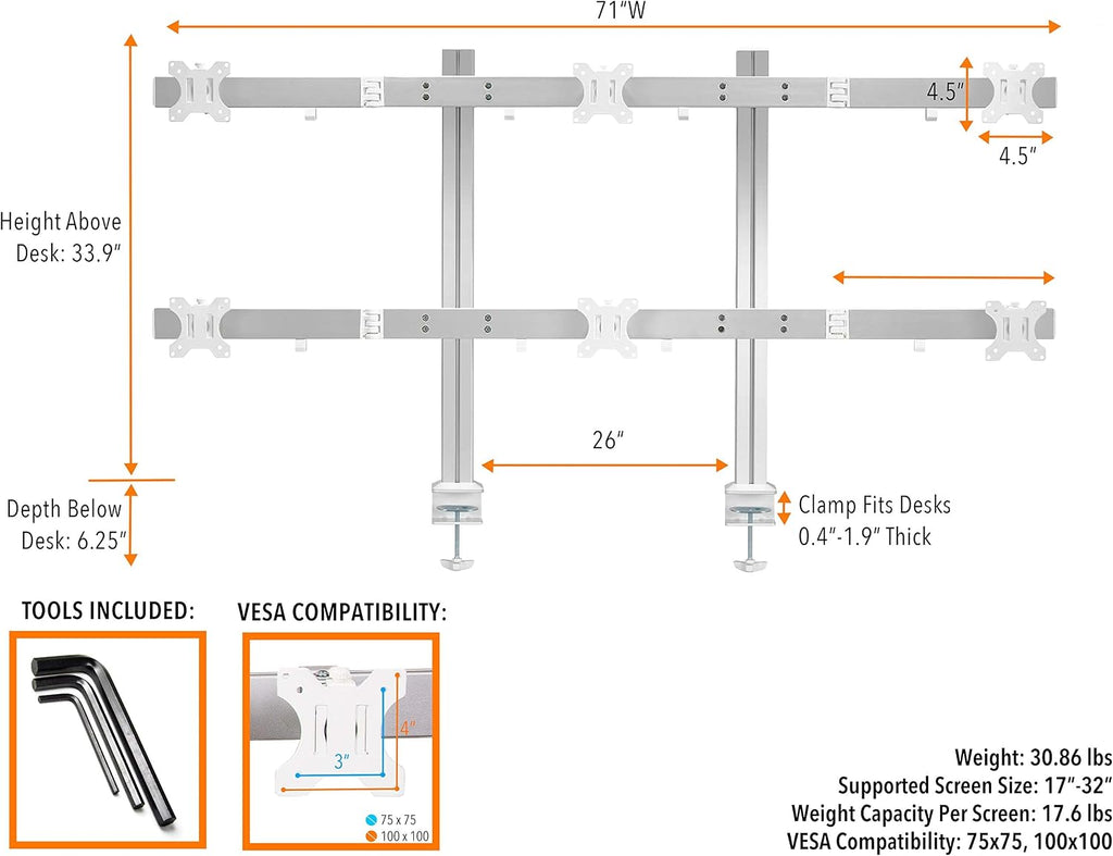 Stand Steady 6 Monitor Mount Desk Setup - Heavy-Duty Height Adjustable Monitor Stand, Swivel Arm with Clamp-On Base, 6 Screen VESA Mount Fits Most LCD/LED Monitors 17-32 in. (Silver, 6 Mounts)