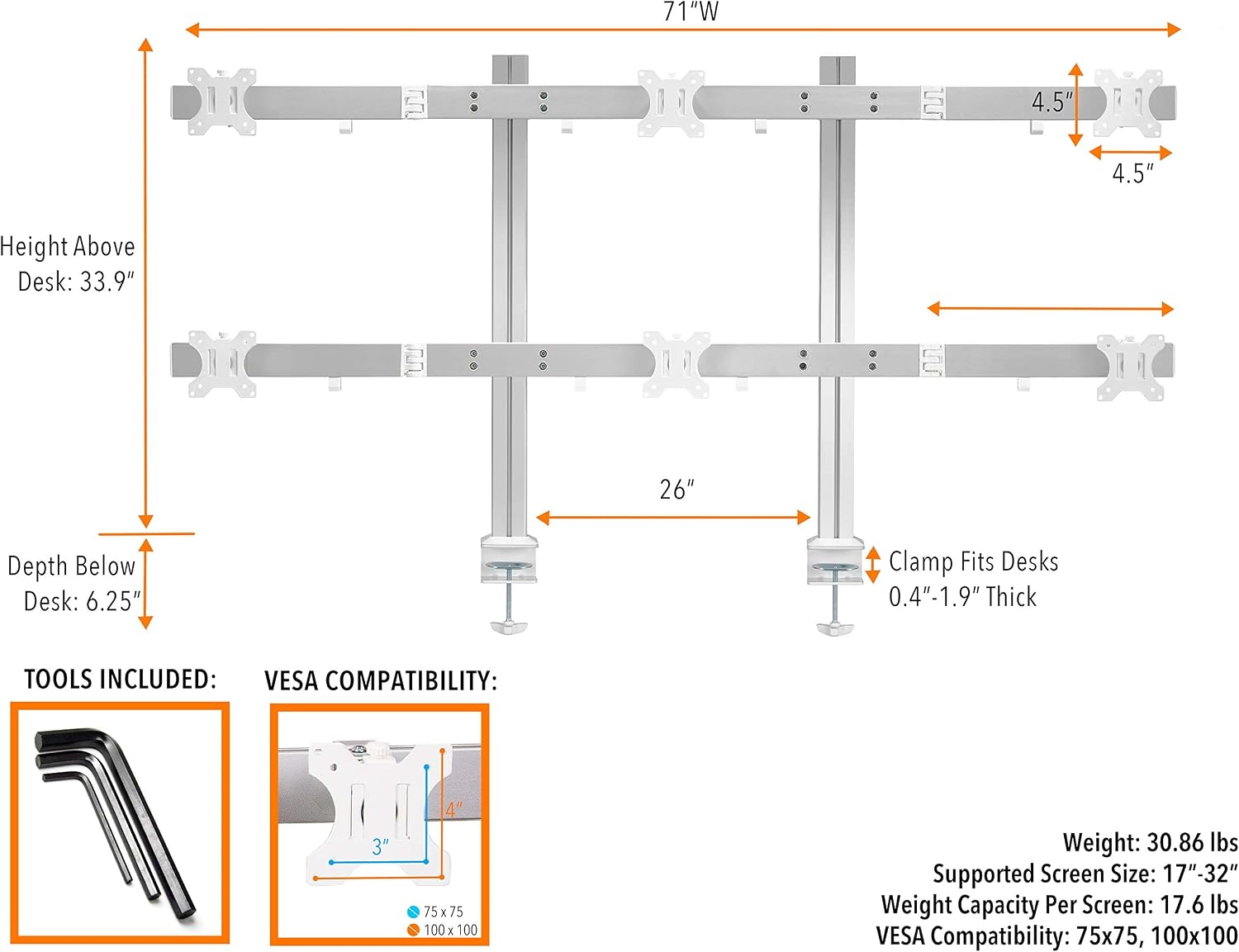 Stand Steady 6 Monitor Mount Desk Setup - Heavy-Duty Height Adjustable Monitor Stand, Swivel Arm with Clamp-On Base, 6 Screen VESA Mount Fits Most LCD/LED Monitors 17-32 in. (Silver, 6 Mounts)