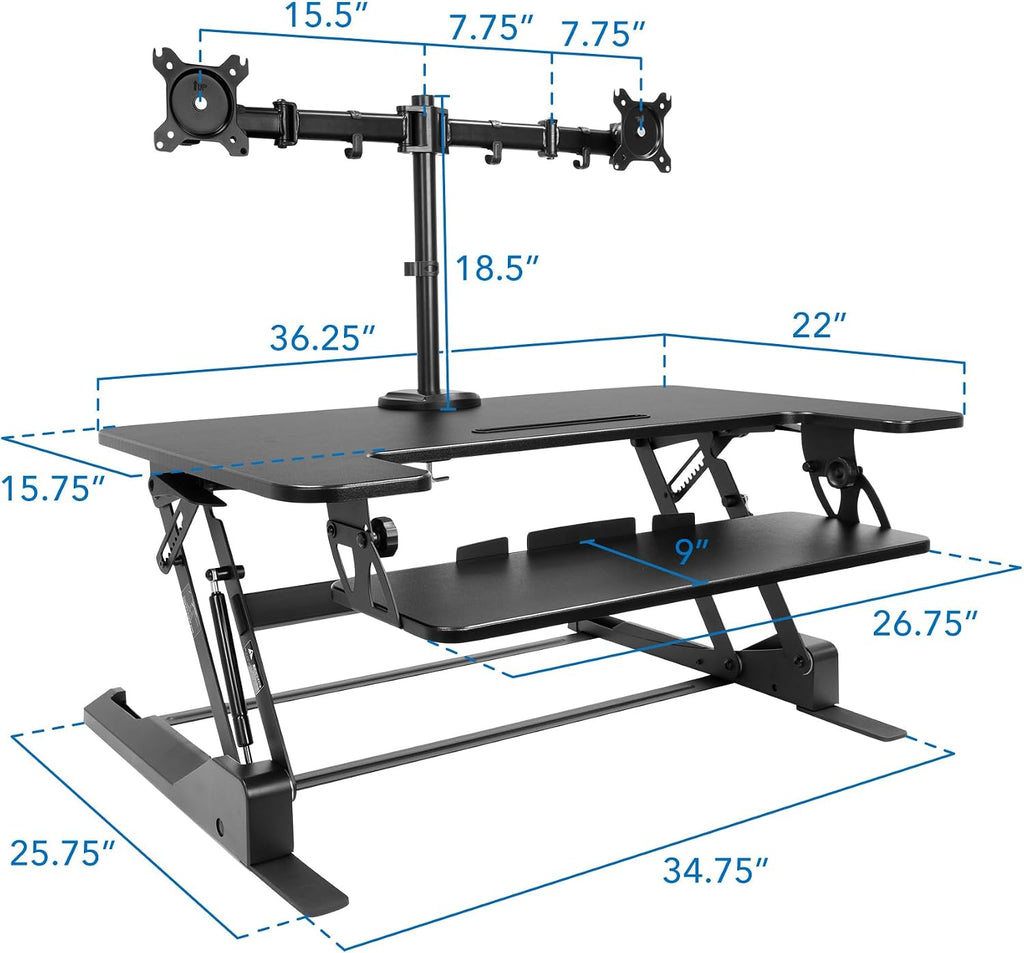 Mount-It! Standing Desk Converter Dual Monitor, 2 Screen Mounts Included, Height Adjustable Desk Riser in Black, Stand Up Desk Convertor Large 36' Wide, Sit Stand Convertor with Manual Lift Gas Spring