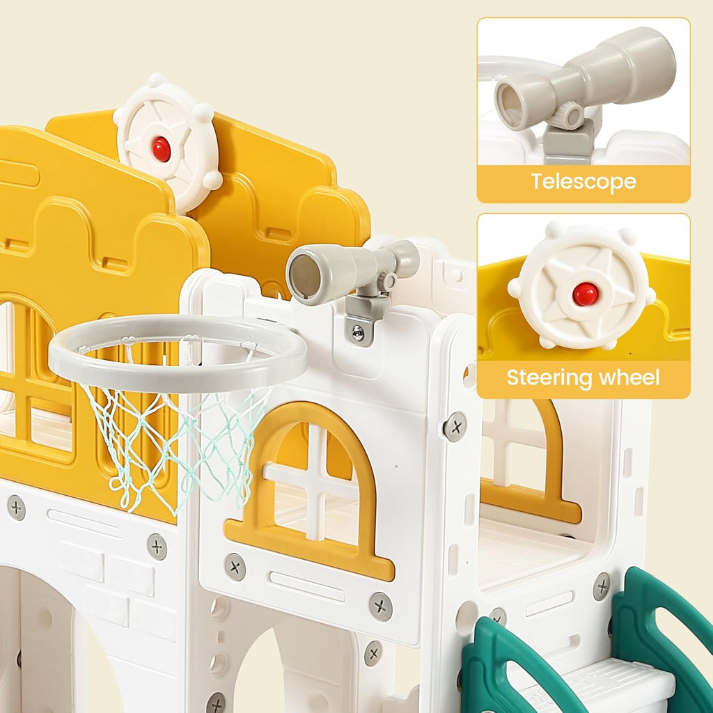 GAOMON 8 in 1 Toddler Slide Indoor Playground, Indoor Slide Toddler Playset for Toddlers 1-3, Kids Outdoor Playground with Slide, Basketball Hoop, Climber, Crawling Tunnel, Telescope, Toy Storage