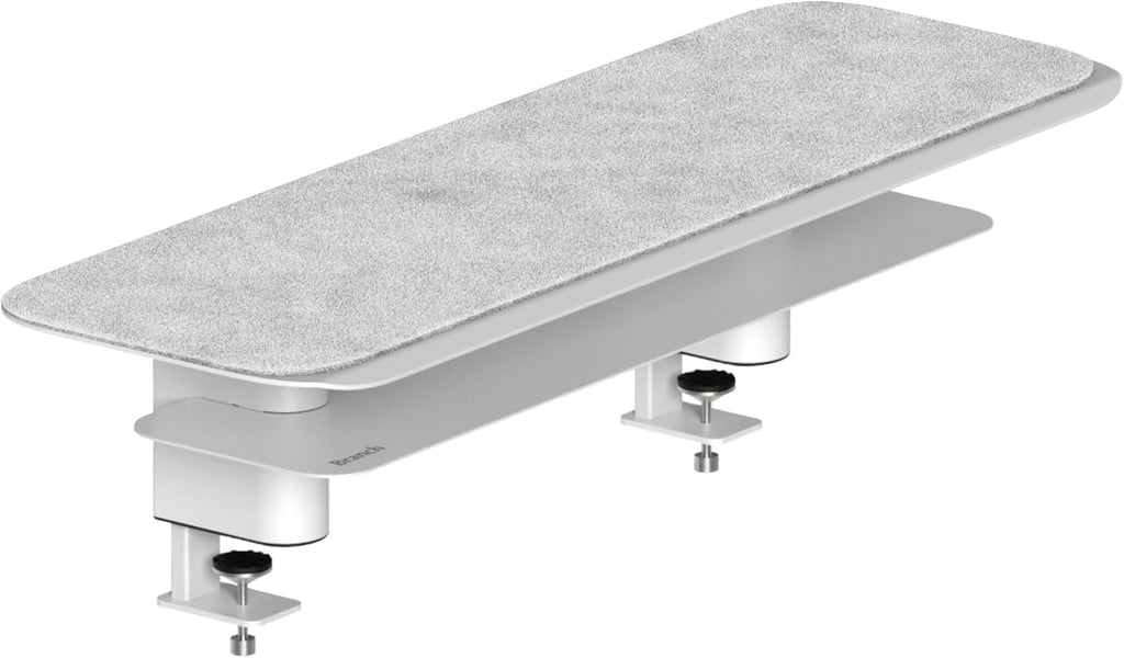 Branch Monitor Stand - Elegant, Durable Powder-Coated Steel Stand with Soft Felt Liner - Small Monitor Riser Second Tier Storage - Installs with a Universal Clamp for Ergonomic Workspace - White