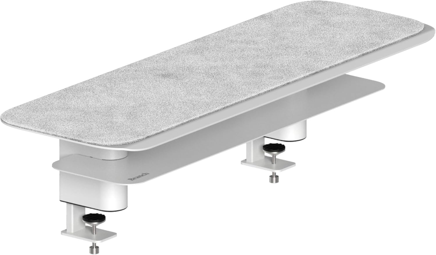 Branch Monitor Stand - Elegant, Durable Powder-Coated Steel Stand with Soft Felt Liner - Small Monitor Riser Second Tier Storage - Installs with a Universal Clamp for Ergonomic Workspace - White