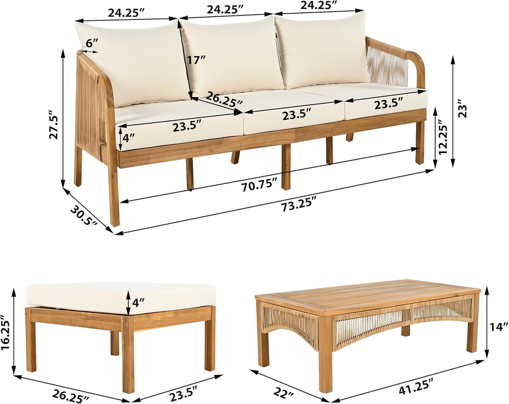 Christopher Knight Home Havets 3 Pieces Acacia Wood Patio Furniture Set, Faux Rattan Sofa and Coffee Table, Outdoor Conversation Sets with 6' Thick Cushions for Backyard Garden Balcony, Teak+Beige
