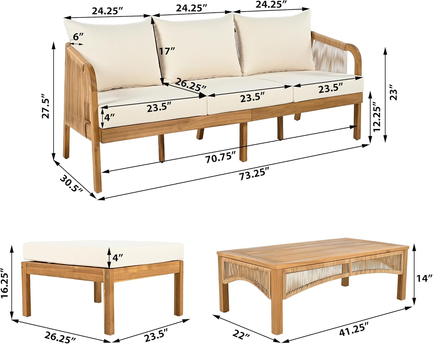 Christopher Knight Home Havets 3 Pieces Acacia Wood Patio Furniture Set, Faux Rattan Sofa and Coffee Table, Outdoor Conversation Sets with 6' Thick Cushions for Backyard Garden Balcony, Teak+Beige