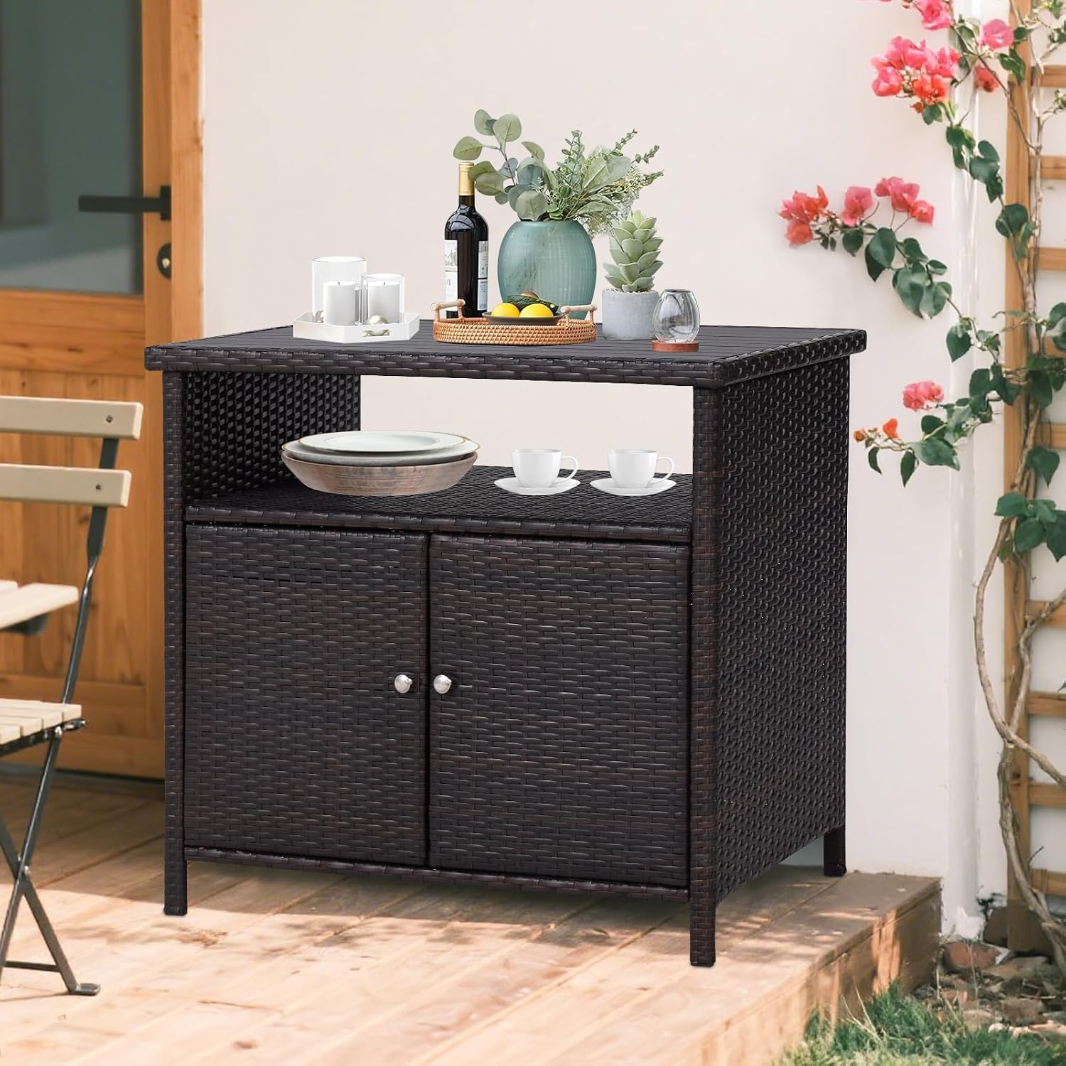Outdoor Wicker Storage Cabinet - Patio Bar Table with Storage and Doors, Rattan Console Table Buffet Cabinet, Outdoor Storage Unit for Patio, Pool, Garden, Indoor, Kitchen, Dark Brown