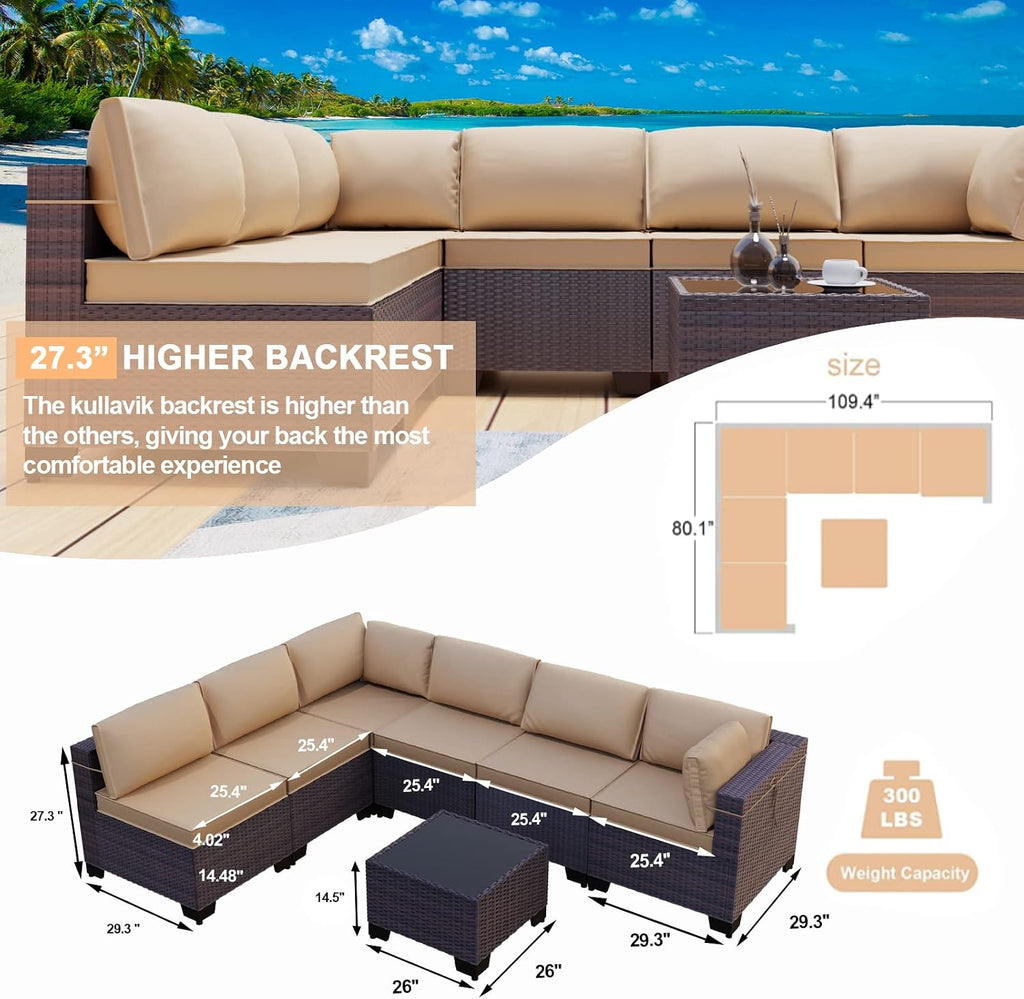 Kullavik 7 Pieces Outdoor Patio Furniture Set,Sectional Rattan Sofa Set Brown PE Rattan Wicker Patio Conversation Set with Tempered Glass Coffee Table and Washable Cushions Covers,Sand
