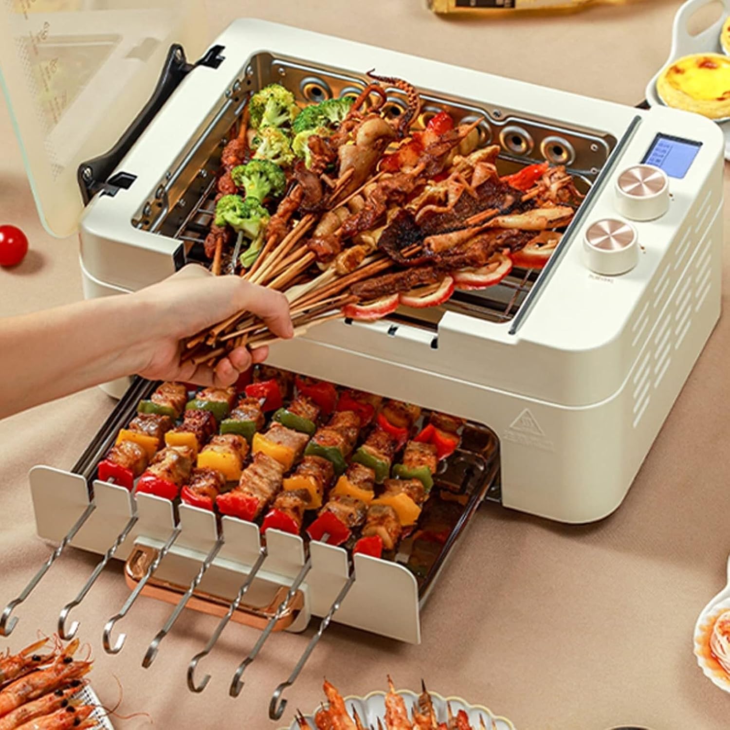 Multipurpose Hot Plate Grill Double Layer, Smokeless Electric Grill, 1000W Health BBQ Grill with Adjustable Temperature, Drip Tray, Easy Clean Table Barbecue Grill for Outdoor Indoor Barbecue,White(Wh