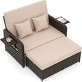 Tangkula Patio Rattan Daybed with 4-Level Adjustable Backrest, Outdoor PE Wicker Loveseat with Storage Ottoman & Folding Side Tray, Double Sunbed Lounger for Balcony, Backyard & Poolside