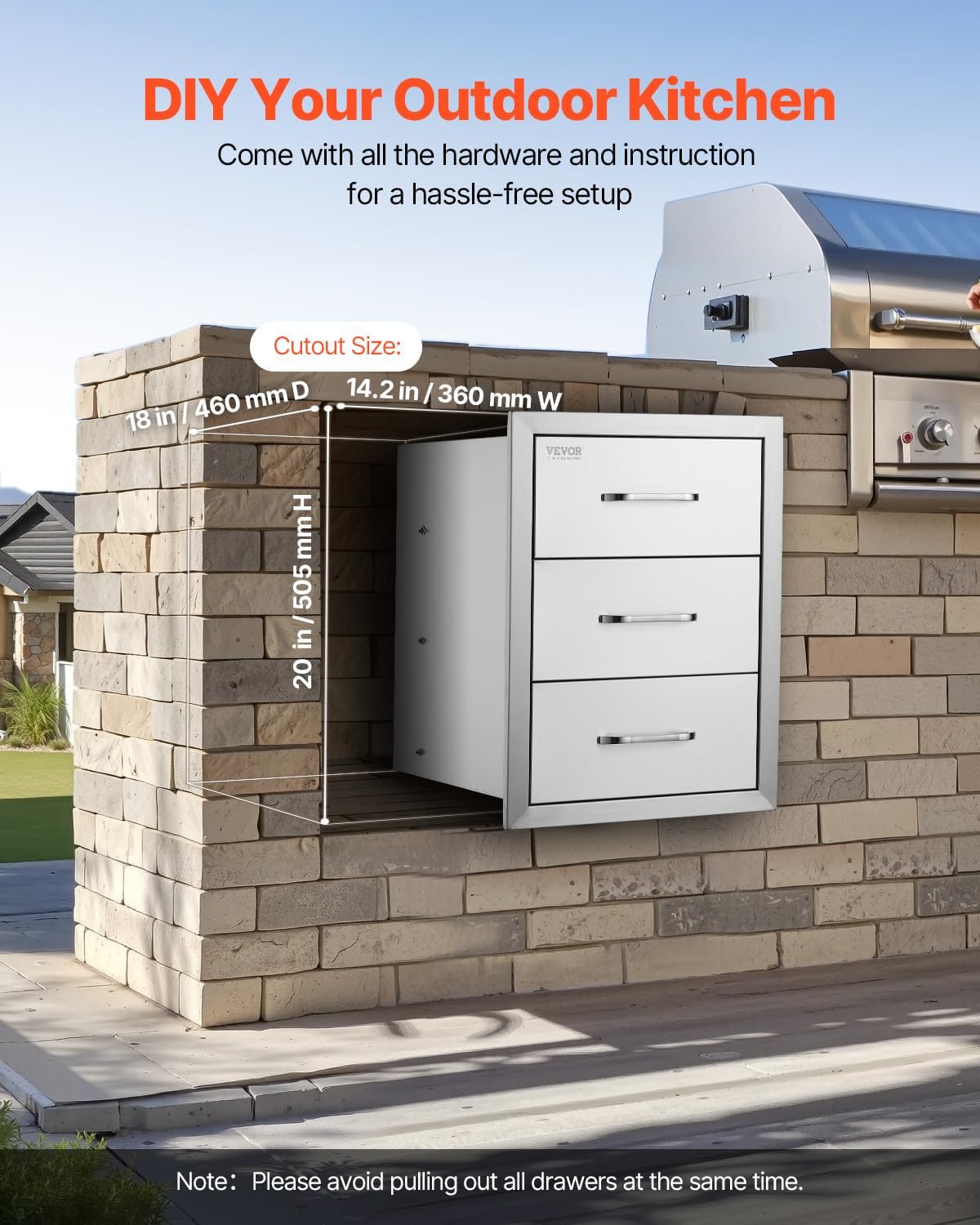 VEVOR Outdoor Kitchen Drawer 16' W x 21.5' H x 18' D, Outdoor Kitchen Cabinets, BBQ Drawer Stainless Steel, Flush Mount Triple Access, with Handle, BBQ Island, Outdoor Grill Patio Grill Station