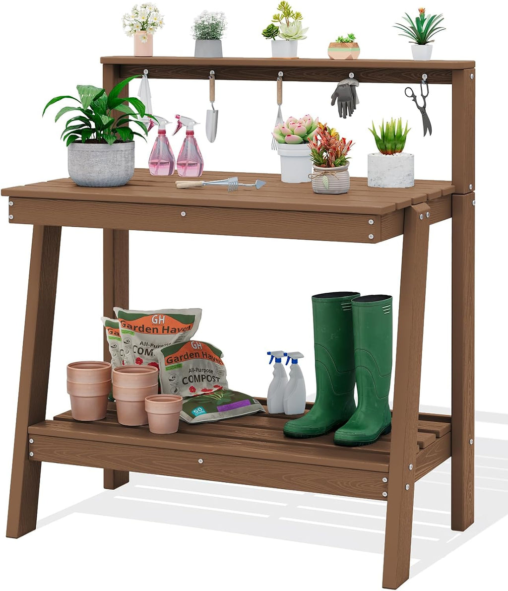 SERWALL Potting Bench Outdoor with Storage, 3-Tier HDPE Gardening Table with Angled Legs & Tool Hooks, All-Weather Heavy Duty Potting Table for Patio, Backyard, Garden, Brown
