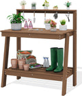 SERWALL Potting Bench Outdoor with Storage, 3-Tier HDPE Gardening Table with Angled Legs & Tool Hooks, All-Weather Heavy Duty Potting Table for Patio, Backyard, Garden, Brown