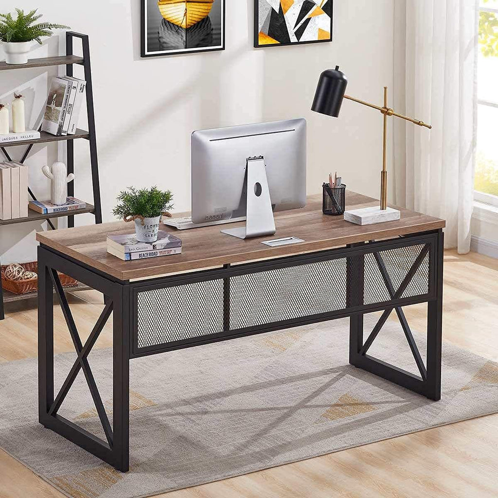 BON AUGURE Computer Desk for Home Office, Sturdy Office Desk, Wide Wood Metal Writing Table, Farmhouse Industrial Gaming Desks (60 Inch, Vintage Oak)