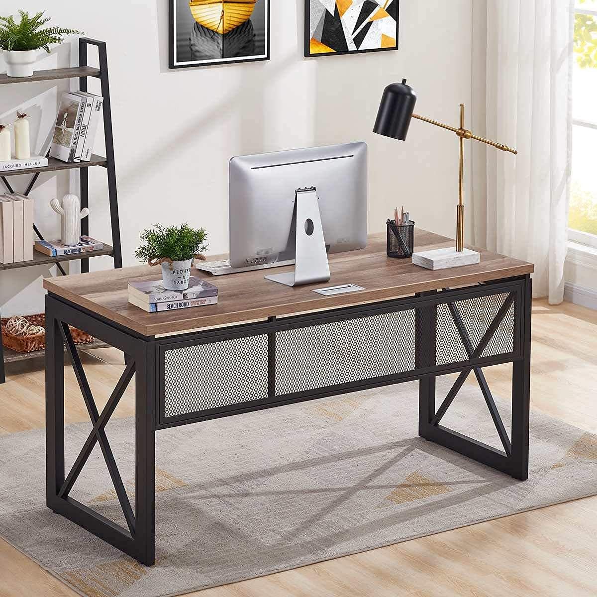 BON AUGURE Computer Desk for Home Office, Sturdy Office Desk, Wide Wood Metal Writing Table, Farmhouse Industrial Gaming Desks (60 Inch, Vintage Oak)
