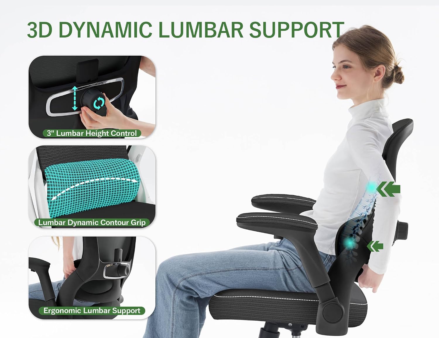 Ergonomic Office Chair - Desk Chair with Adjustable Lumbar Support Computer Chair - Mesh Comfy Chair with Flip-up Armrests - Gaming Chairs for Adults Home Office (Leather, Black)