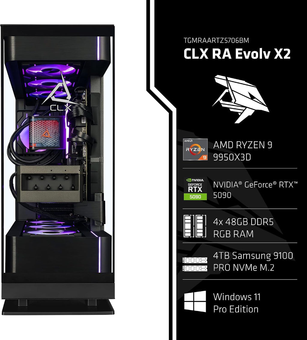 CLX Ra Gaming PC - AMD Ryzen 9 9950X3D 4.3GHz, GeForce RTX 5090, 4TB NVMe M.2 SSD, 96GB DDR5 RGB Memory, 360mm AIO, WiFi, Windows 11 Pro, Black