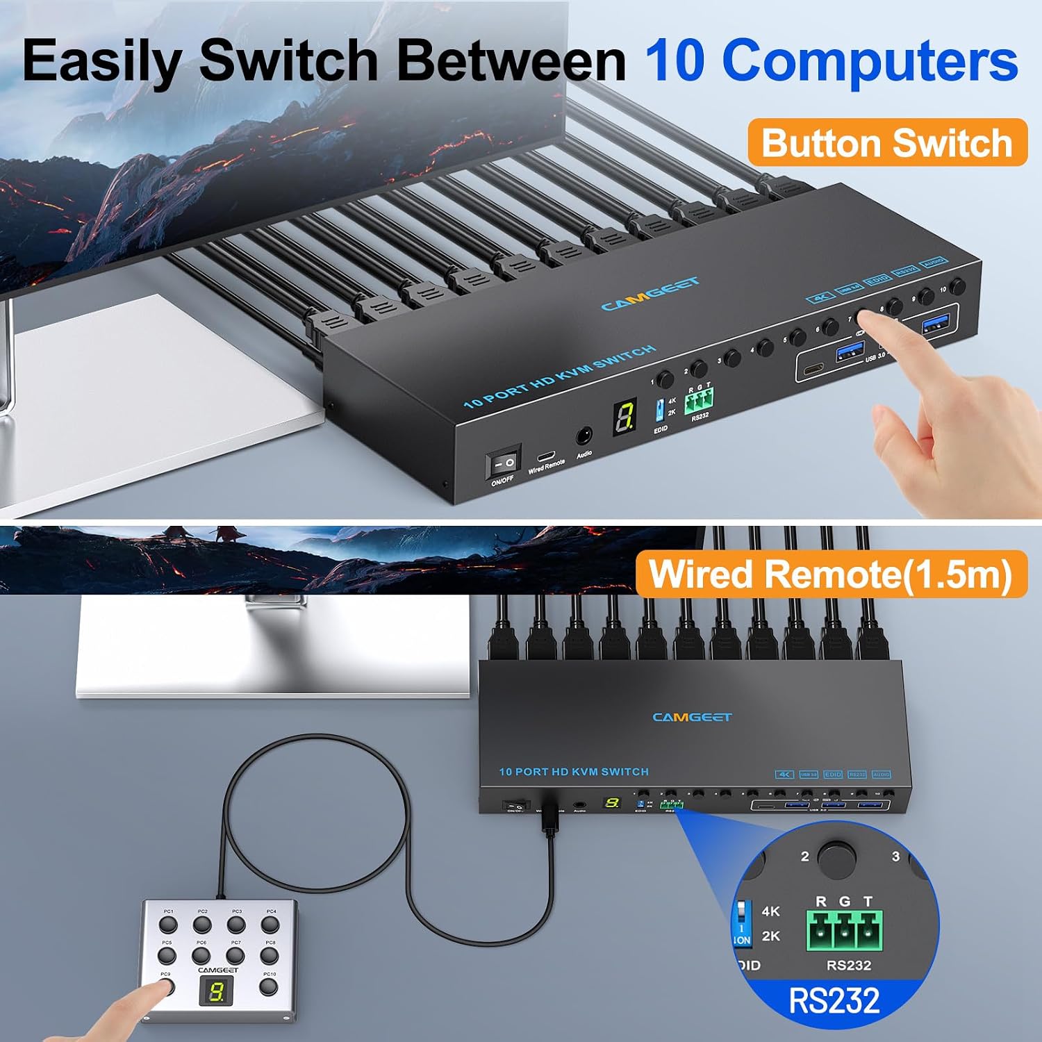 10 Port 8 Port 2 Monitors KVM Switch HDMI 4K@60Hz EDID Simulation, USB 3.0 Dual Monitor KVM Switch 2 Monitors 8 Computers 10 Computers,4 USB3.0 Ports, Audio,RS232,Wired Remote,12V Power,10 USB Cables