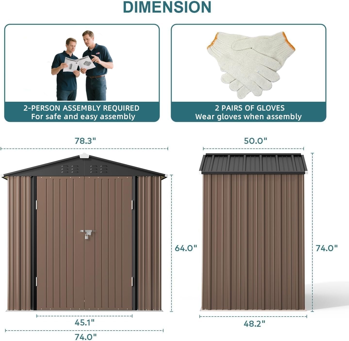 Gizoon Outdoor Storage Shed 6 x 4 FT, Galvanized Metal Garden Shed with Double Lockable Doors, Outdoor Storage Clearance for Backyard Patio Lawn-Light Brown
