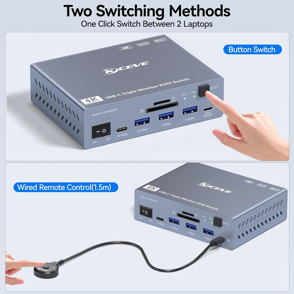 Thunderbolt 4 KVM Switch 3 Monitors 2 Laptops 4K@60Hz, Displaylink USB C Docking Station 3 Monitor KVM for Windows Mac M1 M2 M3 M4, Extended Triple Displays,PD 100W,USB 3.0,USB 3.2,SD/TF,1G Ethernet
