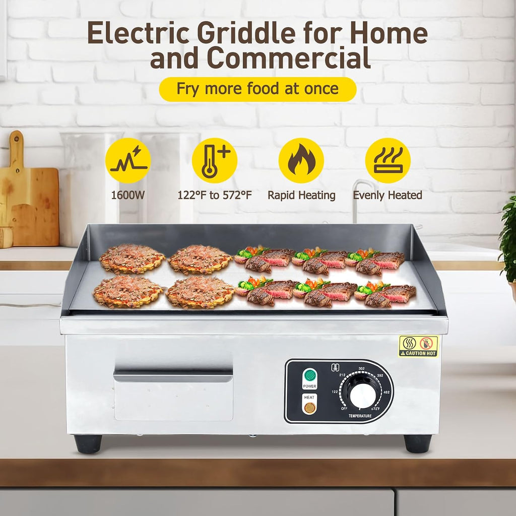 GarveeTech 22 in Commercial Electric Grill, 1600W Electric Countertop Grill Non-Stick Electric Grill Plate 110V Teppanyaki Flat Grill Stainless Steel Adjustable Temperature Control 122°F-572°F