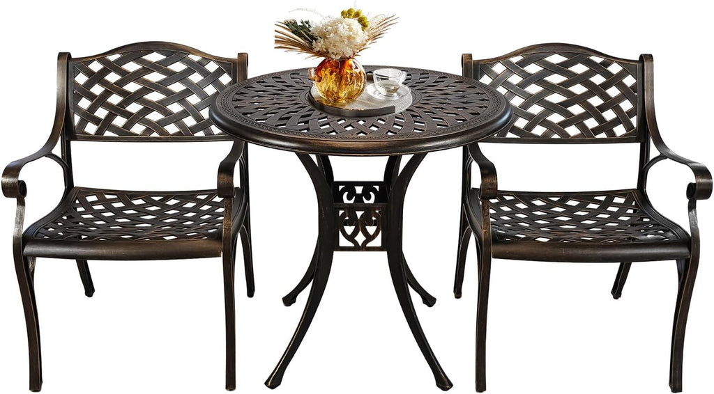 3 Piece Outdoor Dining Set,Cast Aluminum Bistro Set with Umbrella Hole, All Weather Patio Furniture Set, Small Patio Dining Set for Garden/Balcony/Deck, Bronze