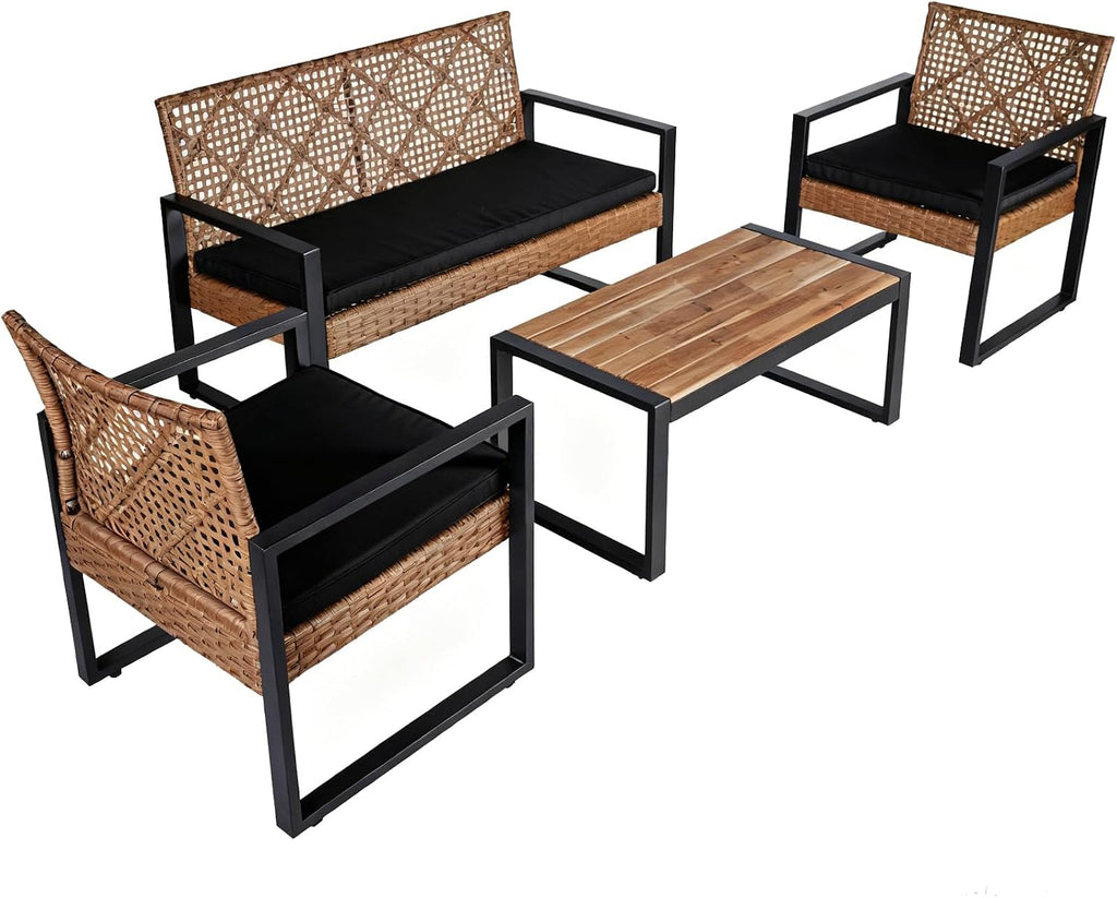 COOS BAY Haven Lounge 4 Piece Rattan Patio Furniture Set, Outdoor Wicker Patio Conversation Set for Balcony & Backyard, Light Brown/Black