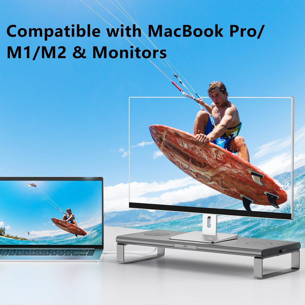 Monitor Stand with Docking Station, Aluminum Monitor Riser with 6-in-1 Docking Station: 4K HDMI, USB-C, USB 3.0, PD 100W, Wireless Charging,Metal Desk Stand with Storage-Silver Gray