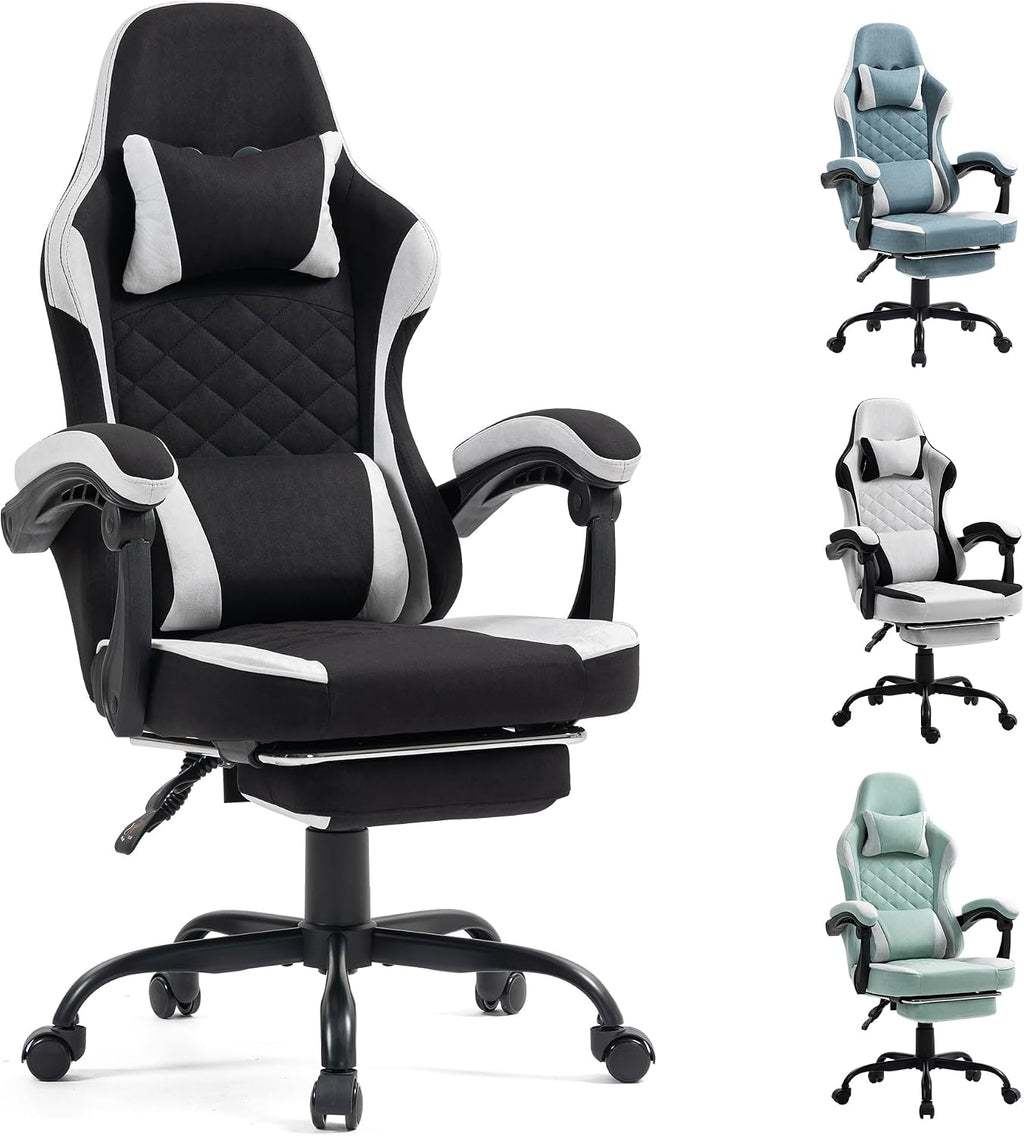 Gaming Chair with Footrest for Adults - Ergonomic Gaming Chairs with Foot Rest - Big and Tall Computer Game Chair - Fabric Reclining Video Game Chairs with Spring Cushion - Black/Light Grey