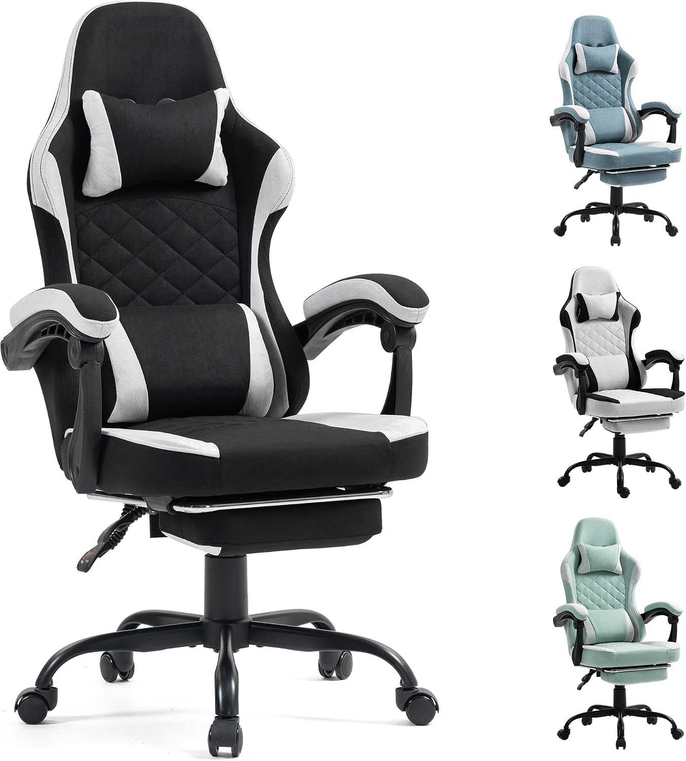Gaming Chair with Footrest for Adults - Ergonomic Gaming Chairs with Foot Rest - Big and Tall Computer Game Chair - Fabric Reclining Video Game Chairs with Spring Cushion - Black/Light Grey