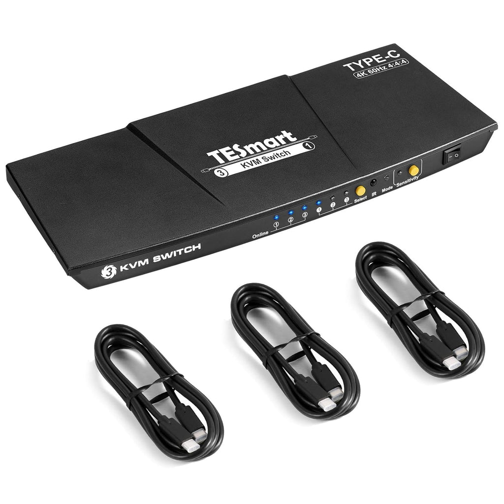 TESmart USB-C KVM Switch 3 in 1 Out, for 3 Computers and 1 Monitors, Type-C KVM, 4k@60 Hz, Supply Power to The Laptop Connected to Port 1