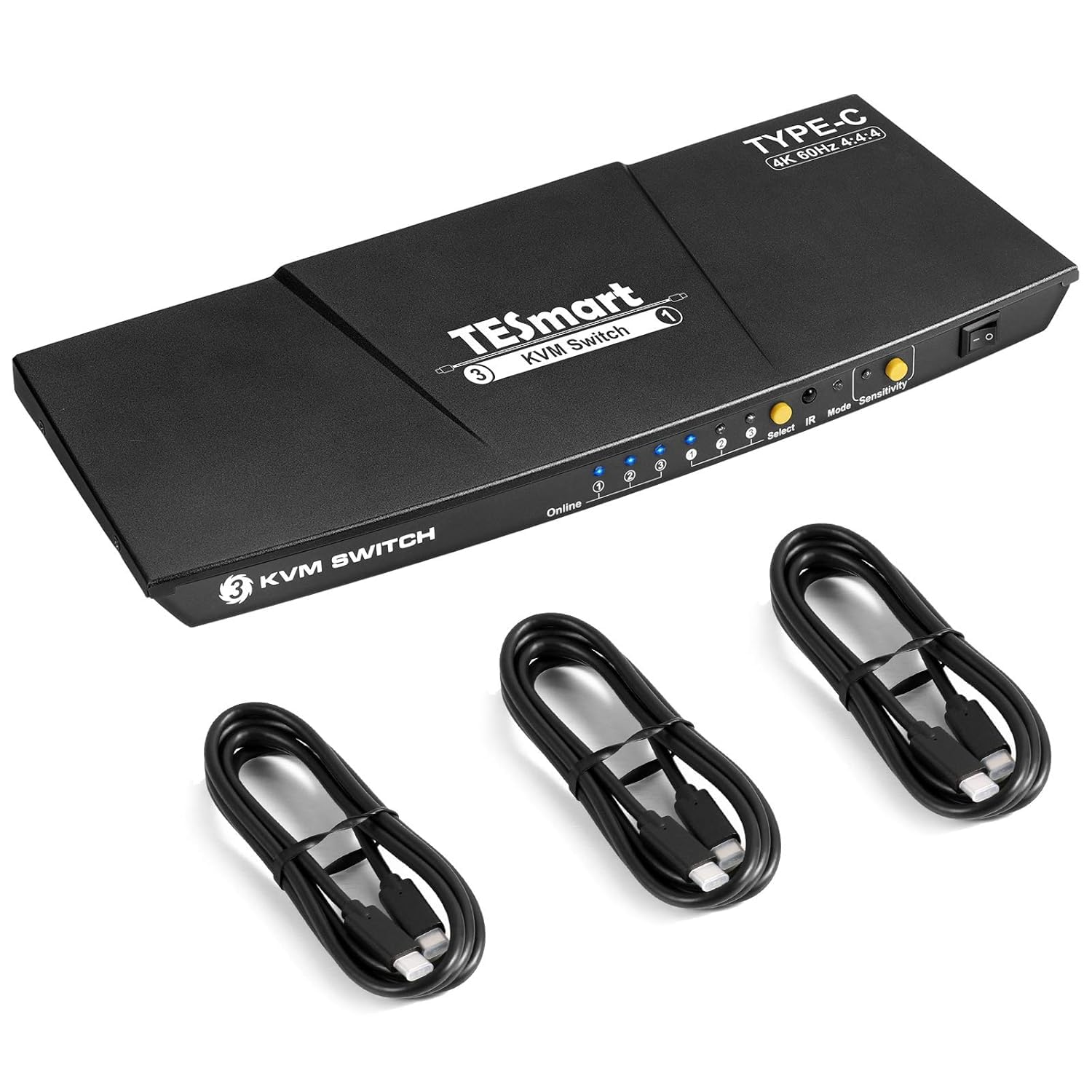 TESmart USB-C KVM Switch 3 in 1 Out, for 3 Computers and 1 Monitors, Type-C KVM, 4k@60 Hz, Supply Power to The Laptop Connected to Port 1