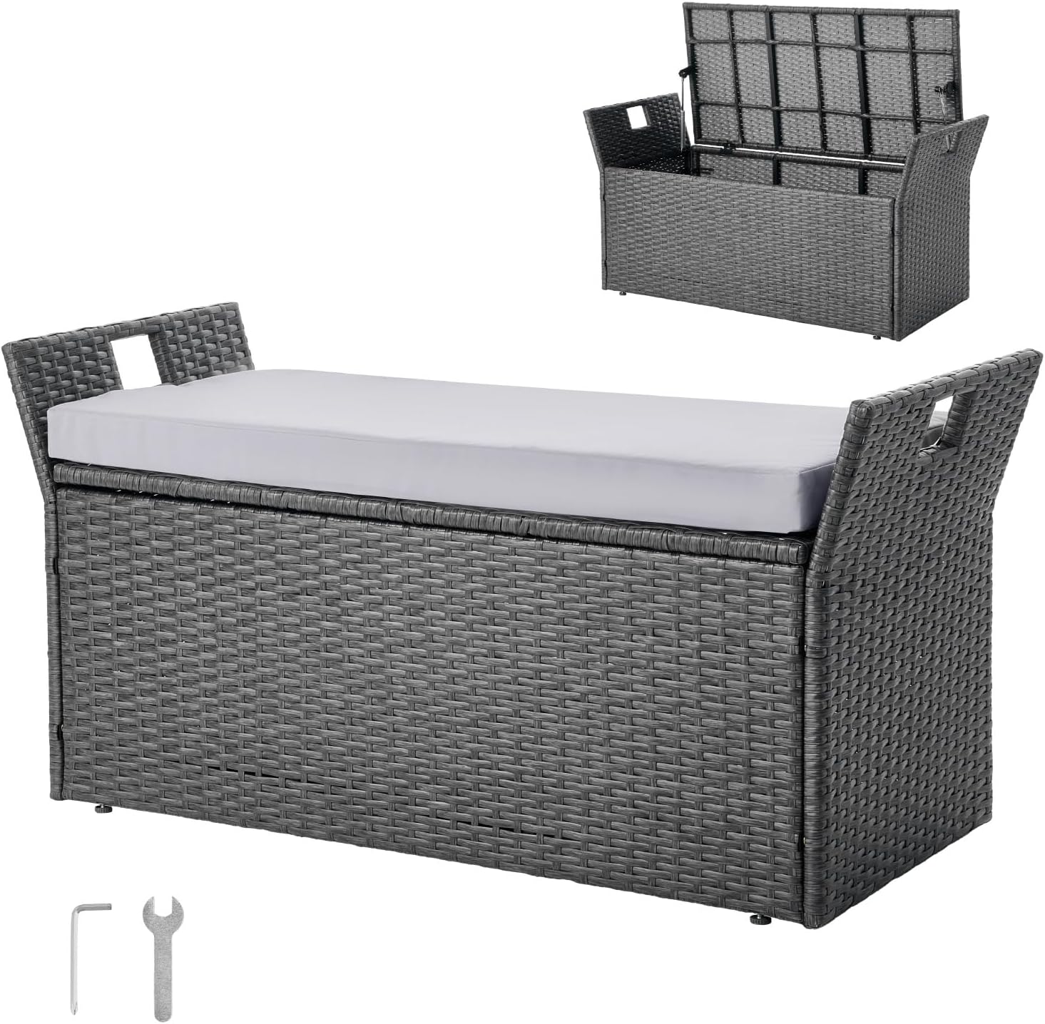 VEVOR Outdoor Storage Bench, 2-Person PE Rattan Storage Bench, 40 Gal Deck Box with Cushion & Side Handle, Supports up to 400 lbs, Outdoor Seating & Porch Decor for Patio Garden Balcony
