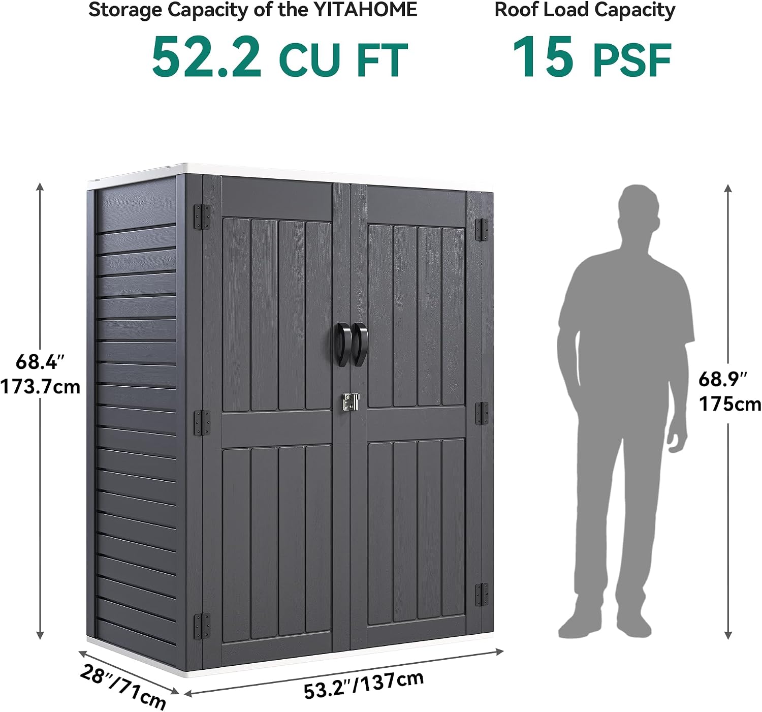 YITAHOME 59 cuft Vertical Outdoor Storage Shed w/o Shelf, 5.6 x 2.3 ft Lockable Resin Waterproof Tall Storage Cabinet, Suitable for Patio Furniture, Pool Accessories, and Garden Tools, Dark Gray