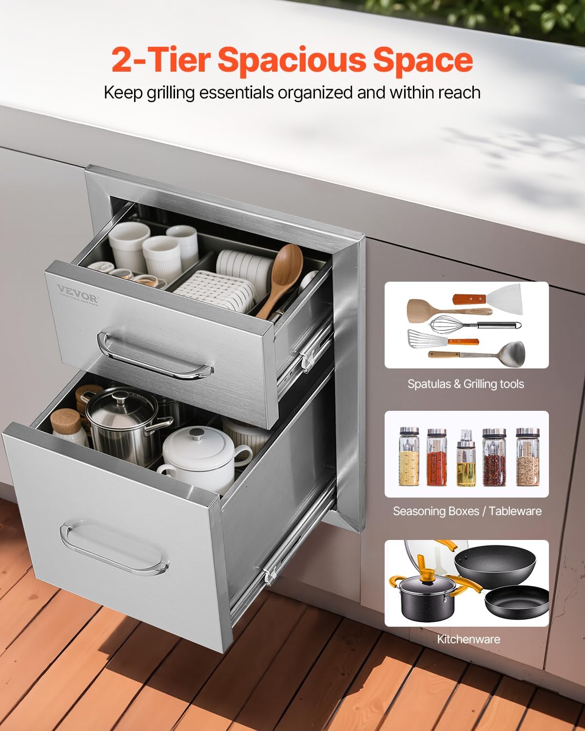 VEVOR Outdoor Kitchen Drawers 13' W x 20.5' H x 21' D, Flush Mount Double BBQ Access Drawers with Stainless Steel Handle, BBQ Island for Outdoor Kitchens or Patio Grill Station