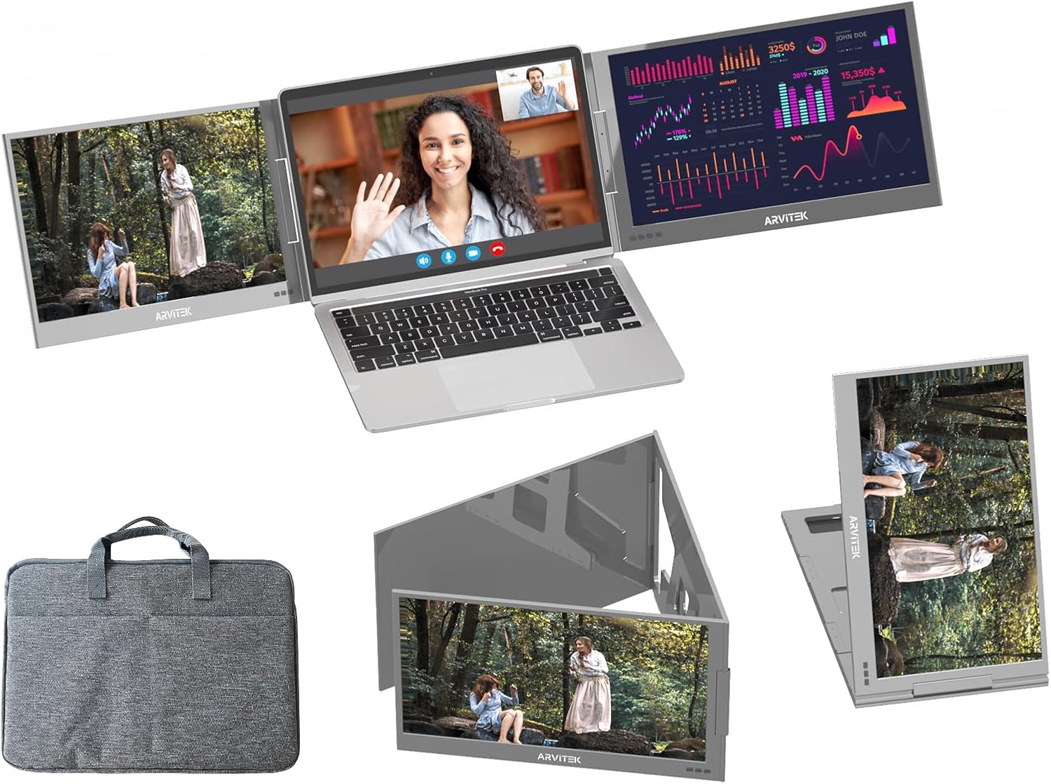 15.6 Inch Triple Monitor for Laptop, 1080P USB-C Portable Screen Extender w/Adjustable Stand for 11'-16' Laptop(Mac, Windows, Android)
