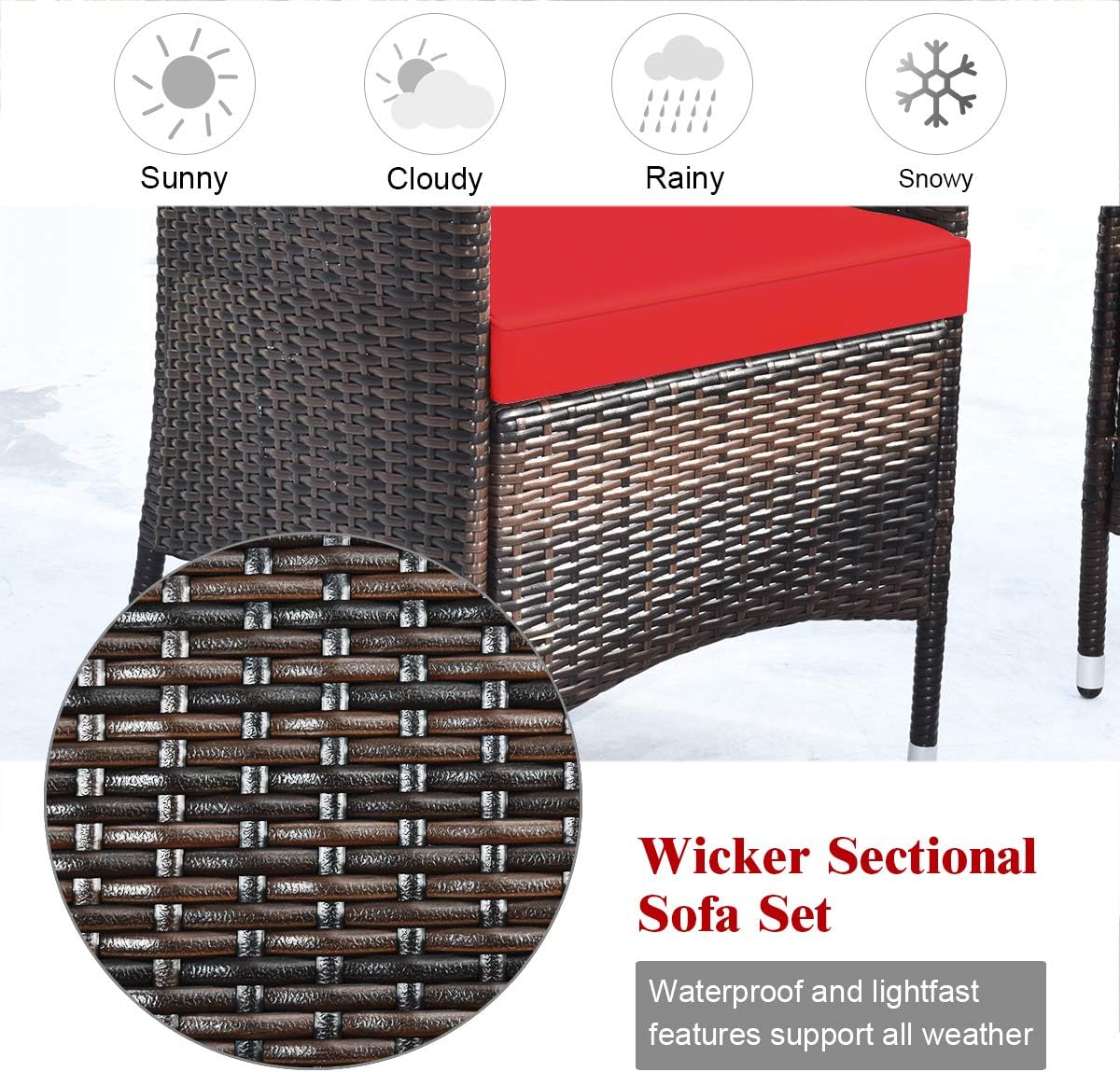 COSTWAY 8PCS Rattan Patio Furniture Set, Outdoor Wicker Rattan Chairs with Coffee Table, Rattan Cushioned Conversation Set for Backyard Balcony Porch Poolside, Red