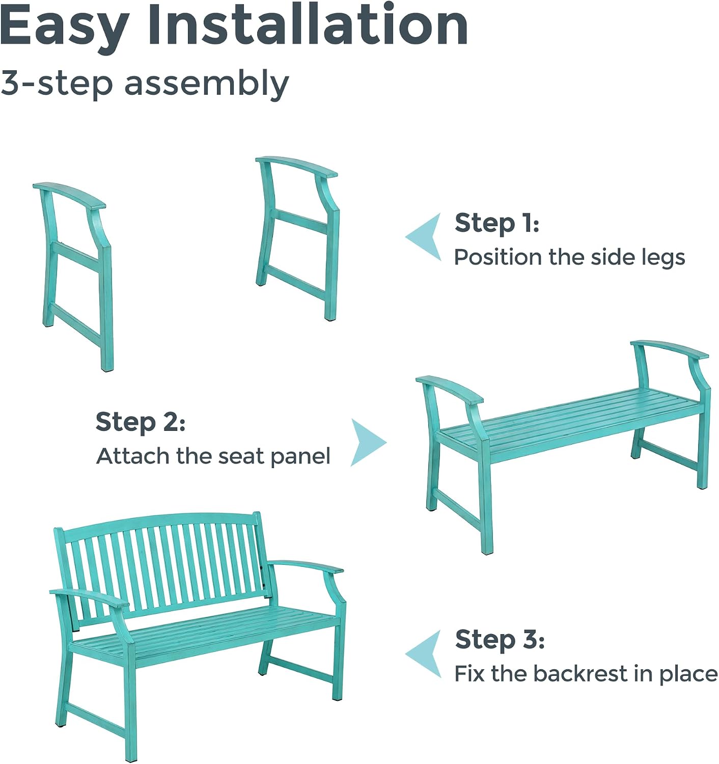 Grand patio 52' Farmhouse Outdoor Bench, Garden Benches with Anti-Rust Aluminum Powder Coated Frame, Faux Wood Grain Finish Frame Patio Bench for Front Porch, Turquoise Blue