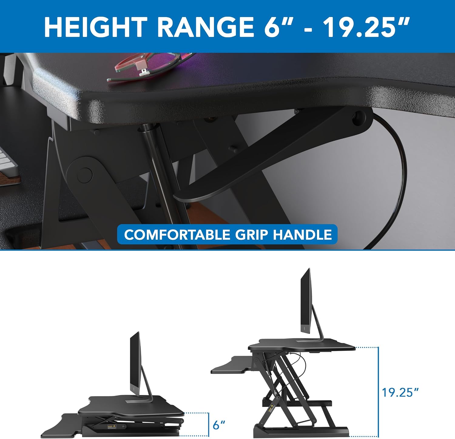 Mount-It! Standing Desk Converter, 48' Wide Sit Stand Desk Riser with Dual Gas Spring Handles, Height Adjustable from 6'–19.25', Extra Large Tabletop for 2 Monitors, Keyboard Tray & Device Slot, Black