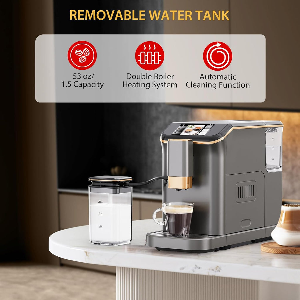 Espresso Maker With Milk Frother - Fully Automatic, 4-Beverage Options, Built-In Grinder, Intuitive Touch Display, and Sleek Gunmetal Finish