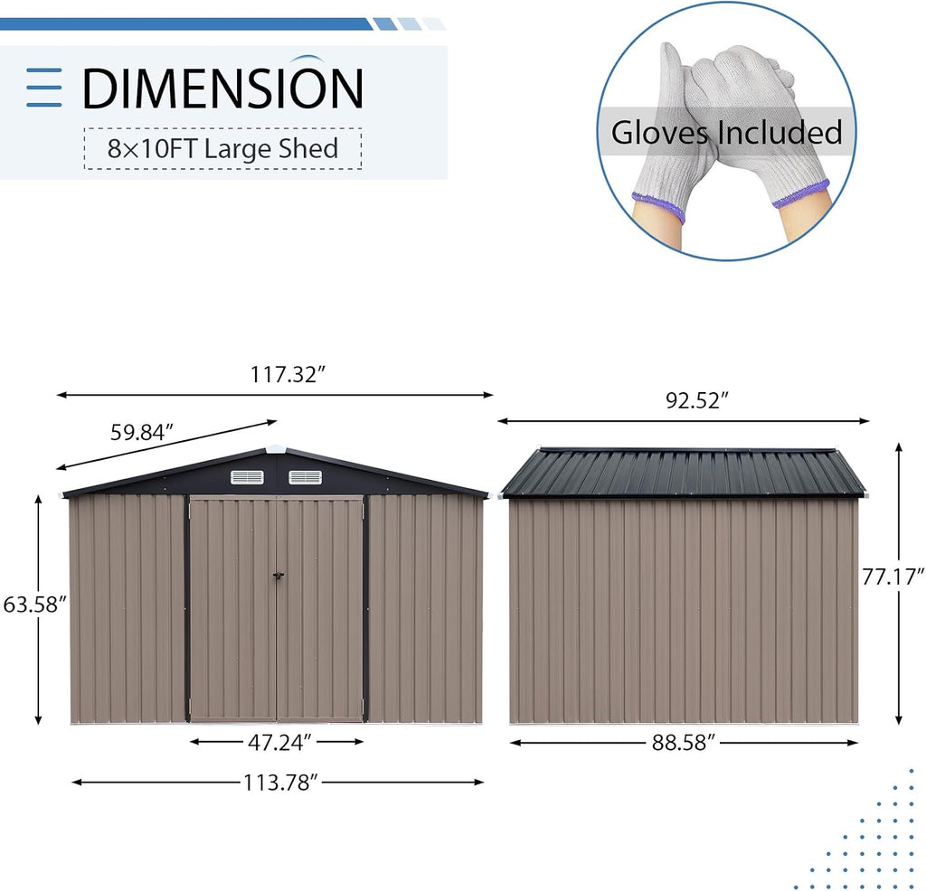 Verano Garden 8'x10' Outdoor Storage Shed, Large Galvanized Steel Metal Garden Shed, Double Door W/Lock, Outdoor Storage House for Backyard, Patio, Lawn(113.78'x88.58'x77.17')