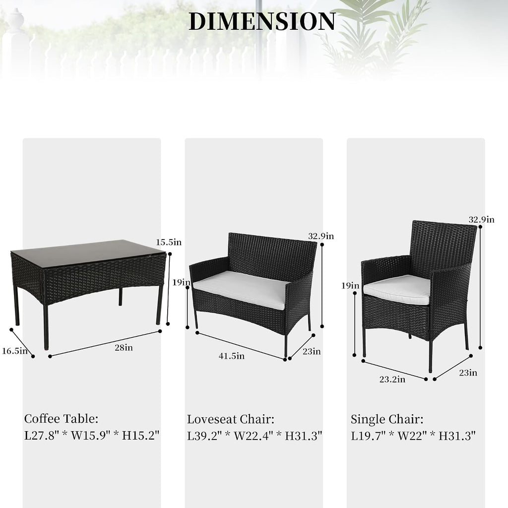 4 Pieces Patio Furniture Set,Rattan Chair Wicker Sofa Garden Conversation Sets,Outdoor Patio Set for Garden Lawn Pool or Backyard,Armrest Chair Loveseat with Tempered Glass Table（Black）