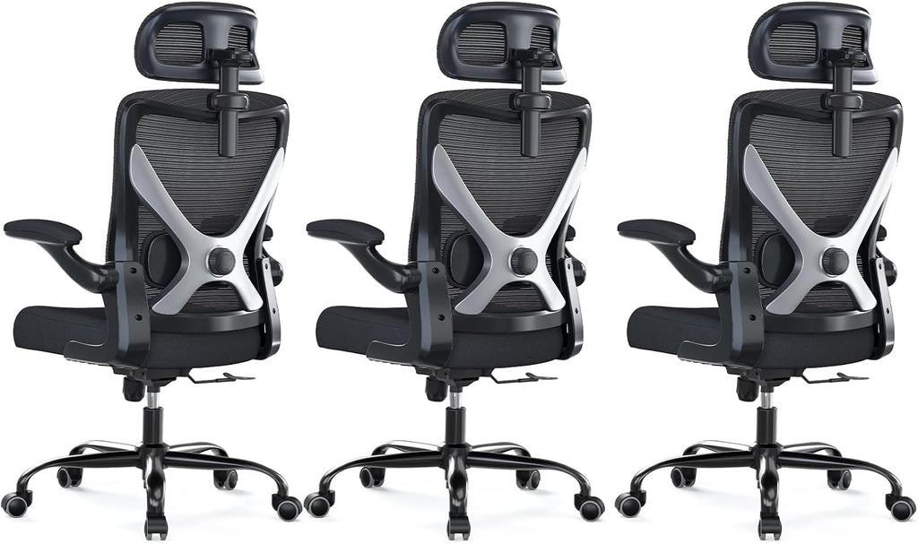 Ergonomic Office Chair - X-Shaped Computer Desk Chair Comfy, Gaming Chair, Office Chair with Lumbar Support, Mesh Office Chairs with Headrests, Desk Chair for Long Hours, Black Silver, Pack of 3