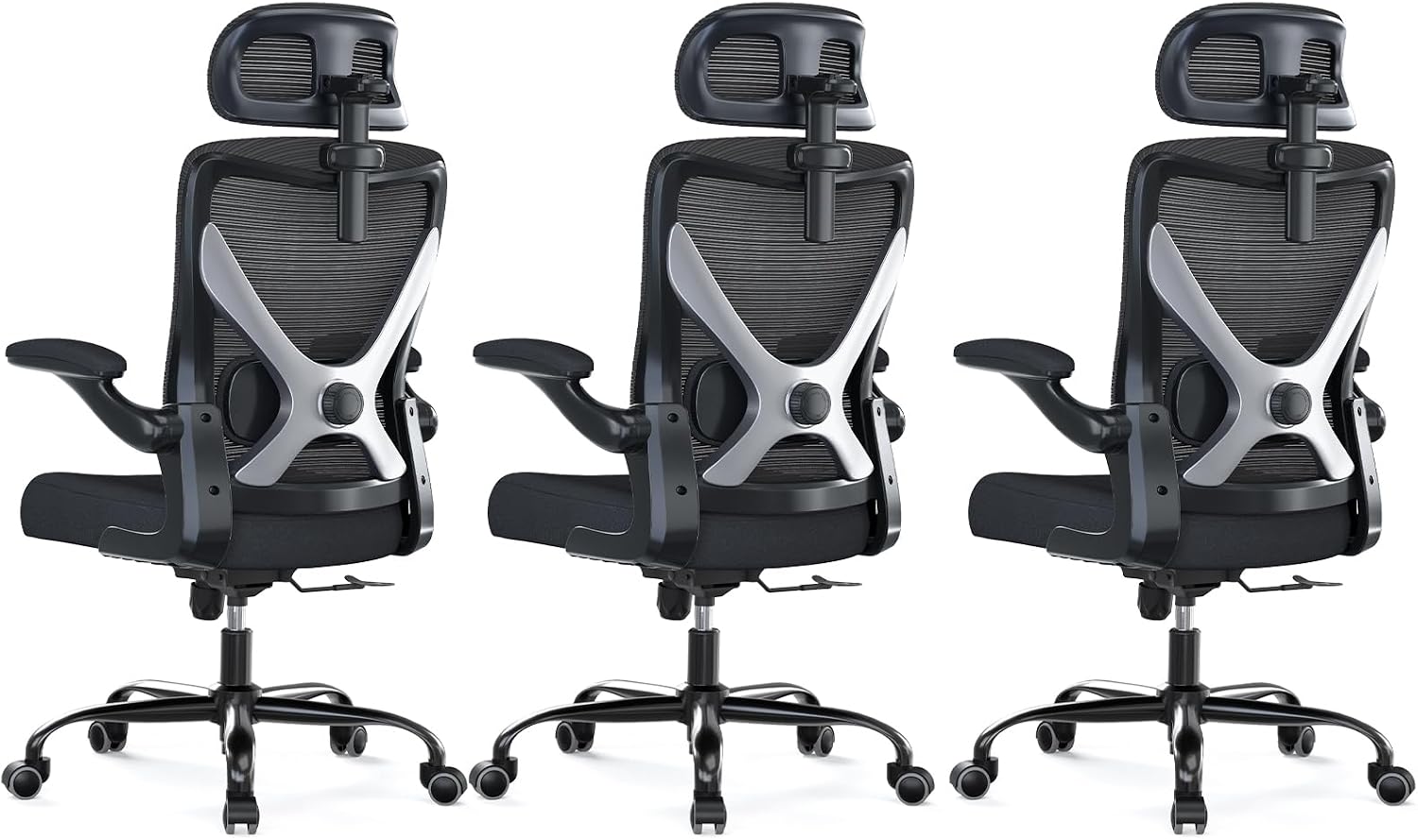 Ergonomic Office Chair - X-Shaped Computer Desk Chair Comfy, Gaming Chair, Office Chair with Lumbar Support, Mesh Office Chairs with Headrests, Desk Chair for Long Hours, Black Silver, Pack of 3