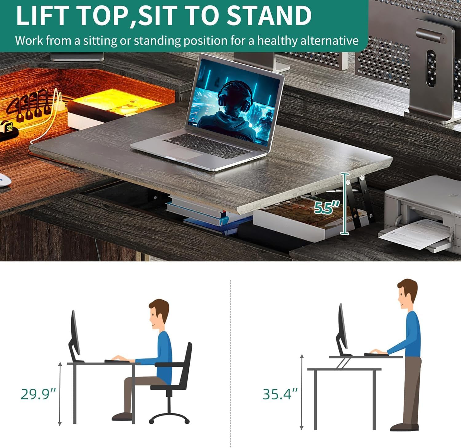 YITAHOME L Shaped Desk with Power Outlets & LED Lights, 60' Corner Computer Desk with Drawers & Lift Top, Home Office Desk with Monitor Stand & File Cabinet, Wood Height Adjustable Desk, Grey