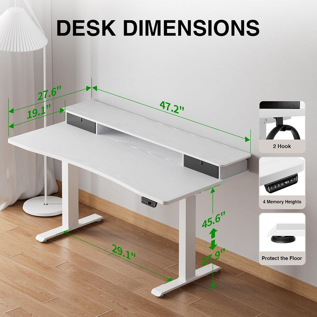 Veken 47.2'×27.6' Home Office Standing Desk with Monitor Riser, Adjustable Computer Desk with Drawers, Ergonomic Desk for Work, Study, Gaming, Crafting, White