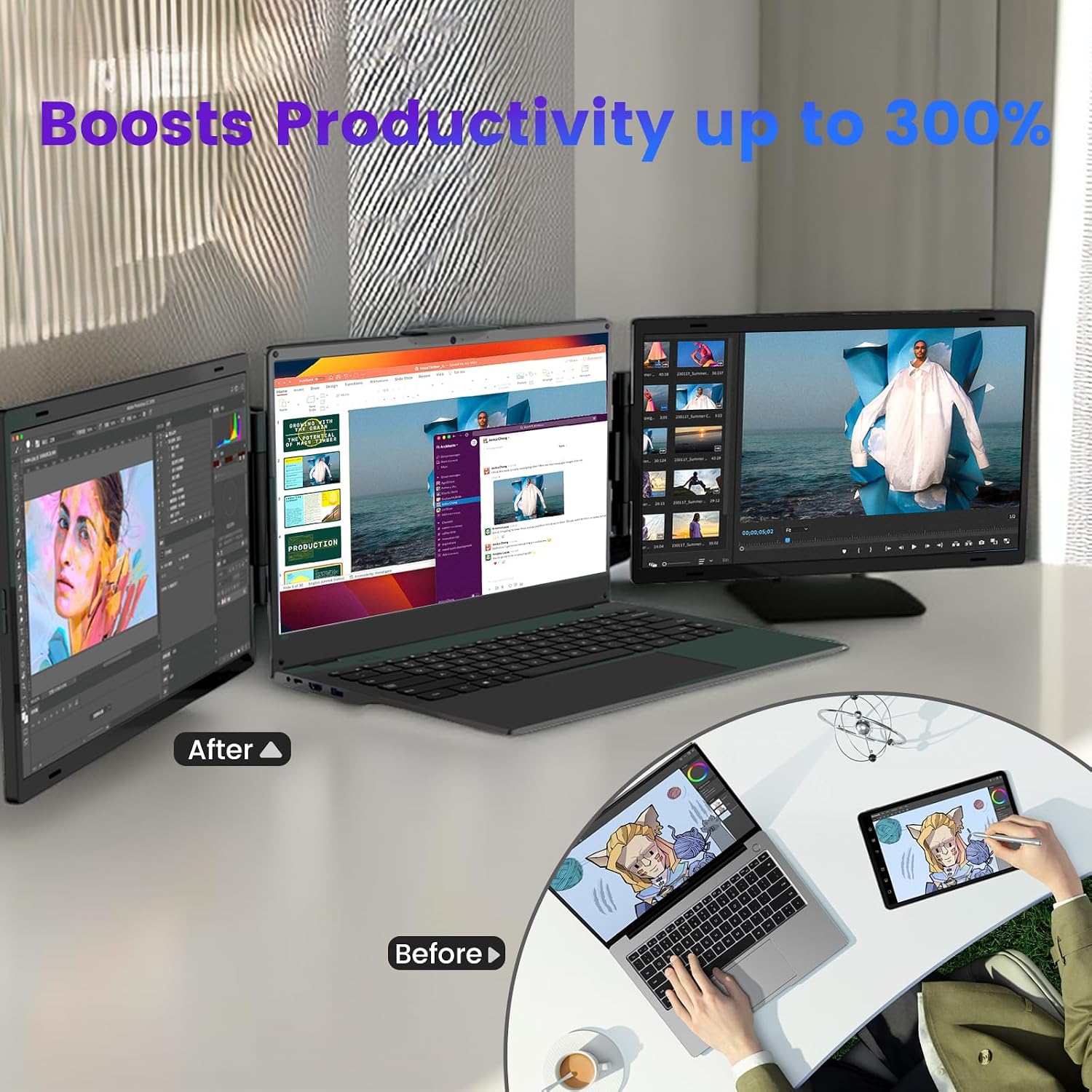 Azeyou 15.6' Triple Laptop Screen Extender - FHD 1080P Portable Monitor & Gaming Monitor, USB-C/HDMI Plug & Play Second External Monitor for 14'-17' Laptops, PC, Mac, Phone