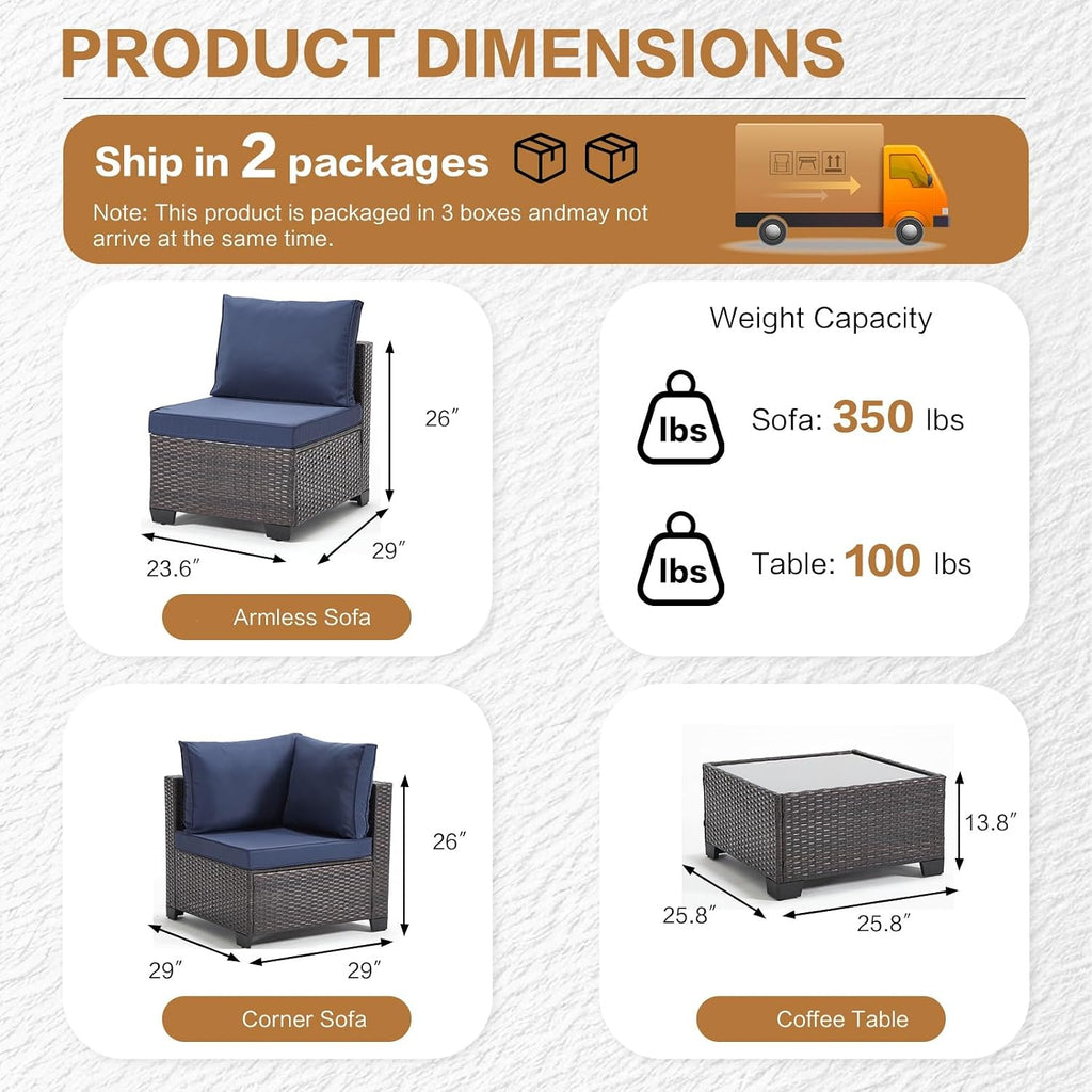 MOCHITO 7 Pieces Outdoor Patio Furniture Sets, All-Weather Sectional Sofa Dark Brown PE Rattan Wicker Conversation Set with Glass Table and Washable Blue Cushions for Backyard,Sunroom,Garden,Porch