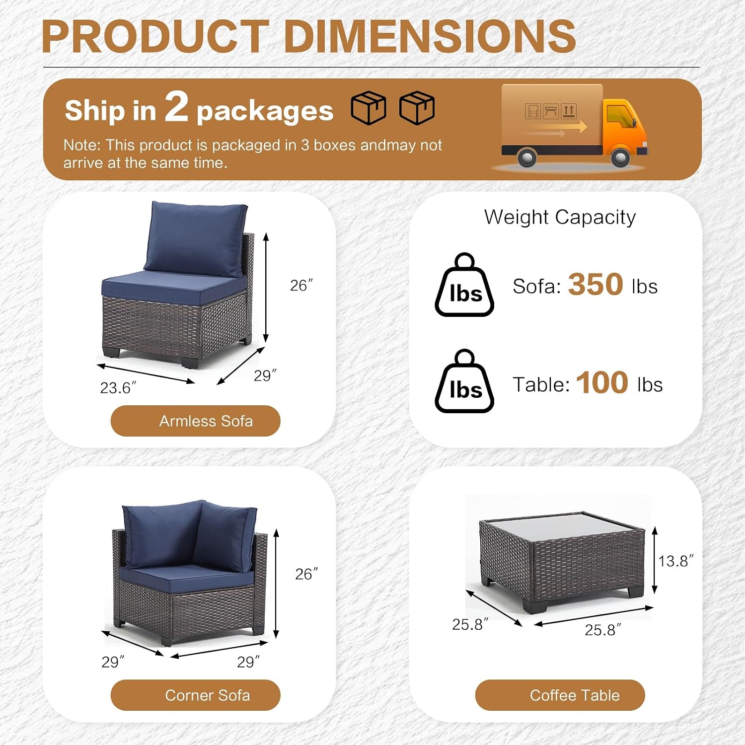 MOCHITO 7 Pieces Outdoor Patio Furniture Sets, All-Weather Sectional Sofa Dark Brown PE Rattan Wicker Conversation Set with Glass Table and Washable Blue Cushions for Backyard,Sunroom,Garden,Porch