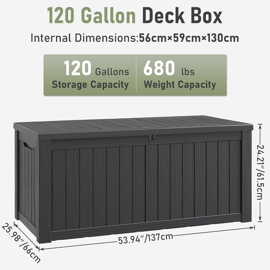 Outdoor Storage Box, 120 Gallon Deck Box, Resin Waterproof Outside Storage Bench, Outdoor Storage Cabinet With Lockable Lid, Backyard Deck Box For Garden Tools, Patio Cushions, Pool Accessories