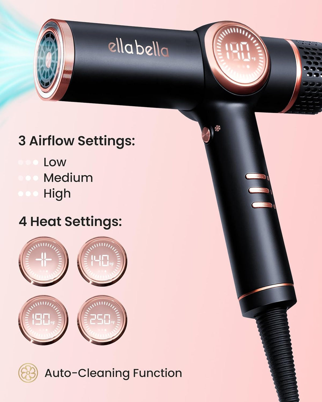 ELLA BELLA® Professional Ionic Hair Dryer with Diffuser Dual Voltage • Negative Ion Blow Dryer • Suitable All Hair Types • Intelligent Heat Control & Rapid Drying Speeds • Low Noise Lightweight Design